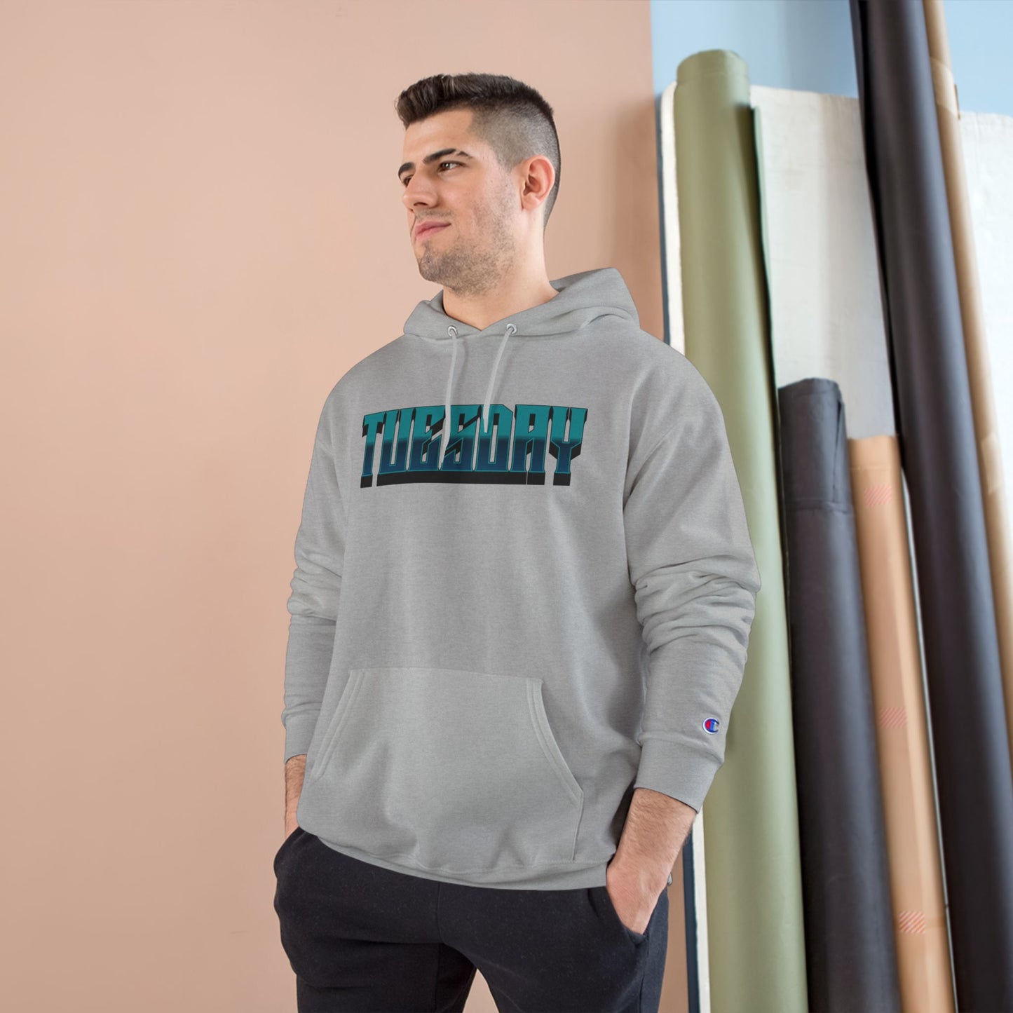 Champion Hoodie with Tuesday Graphic, Casualwear, Gift for Him/Her, Everyday Comfort, Fun Statement Piece