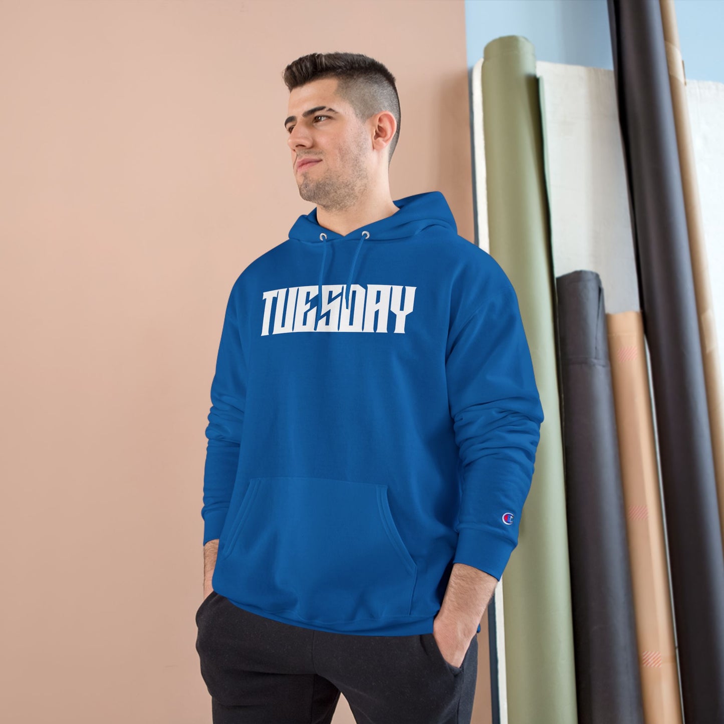Tuesday Champion Hoodie, Graphic Sweatshirt, Cozy Pullover, Gift for Her, Everyday Wear, Trendy Streetwear