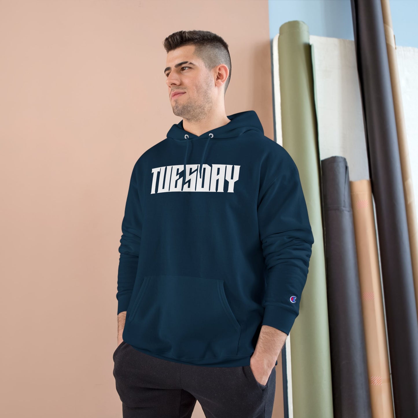 Tuesday Champion Hoodie, Graphic Sweatshirt, Cozy Pullover, Gift for Her, Everyday Wear, Trendy Streetwear