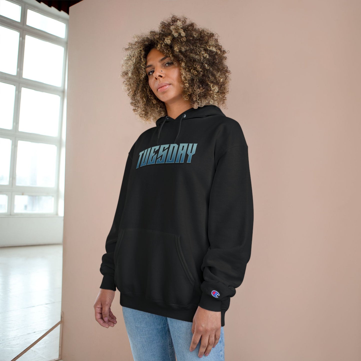 Edgy Tuesday Champion Hoodie - Casual Streetwear, Graphic Apparel, Halloween Gift, Cozy Layering, Unisex Fashion