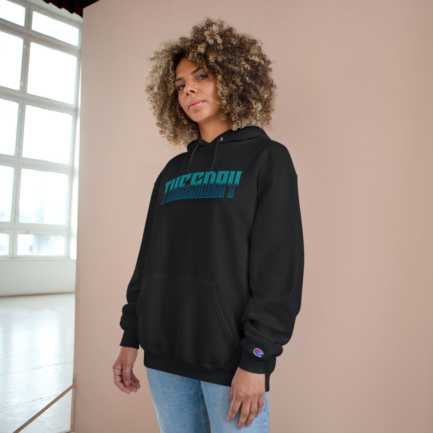 Champion Hoodie with Tuesday Graphic, Casualwear, Gift for Him/Her, Everyday Comfort, Fun Statement Piece