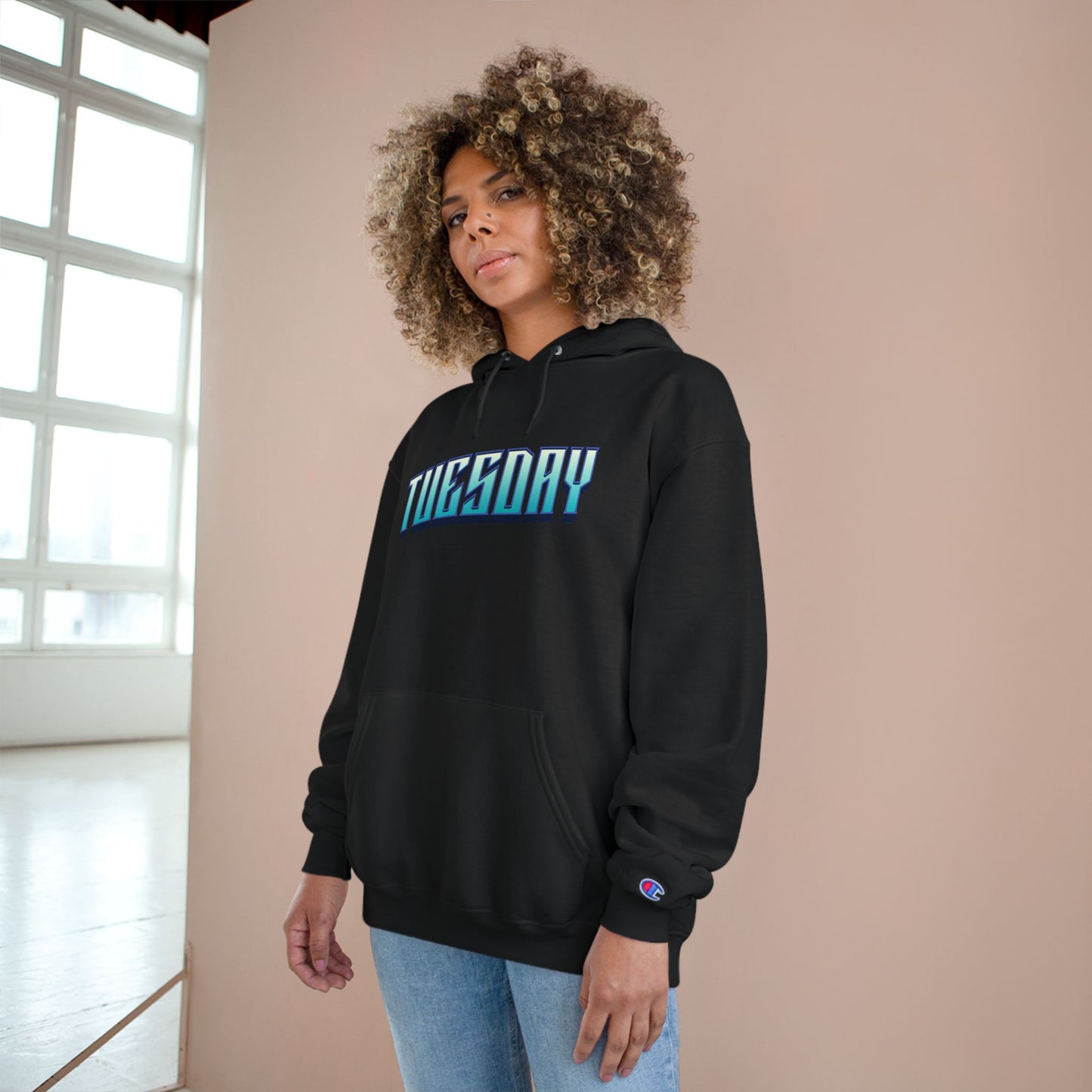Stylish Champion Hoodie for Casual Vibes, Tuesday-Themed Sweatshirt, Everyday Wear, Perfect Gift for Friends, Cozy Graphic Hoodie