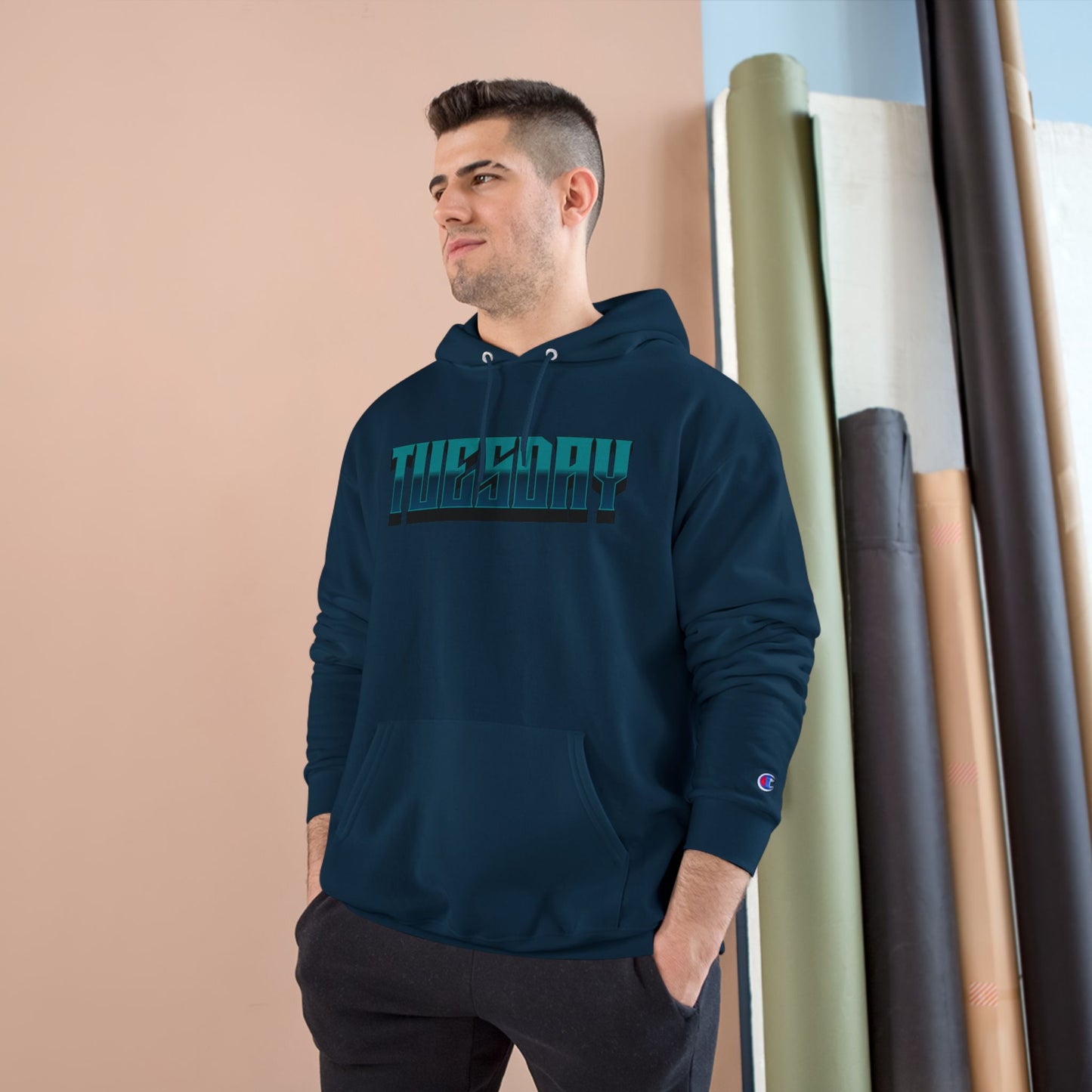 Champion Hoodie with Tuesday Graphic, Casualwear, Gift for Him/Her, Everyday Comfort, Fun Statement Piece