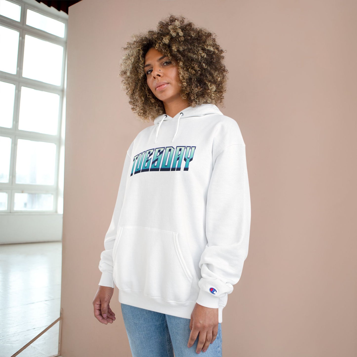 Stylish Champion Hoodie for Casual Vibes, Tuesday-Themed Sweatshirt, Everyday Wear, Perfect Gift for Friends, Cozy Graphic Hoodie