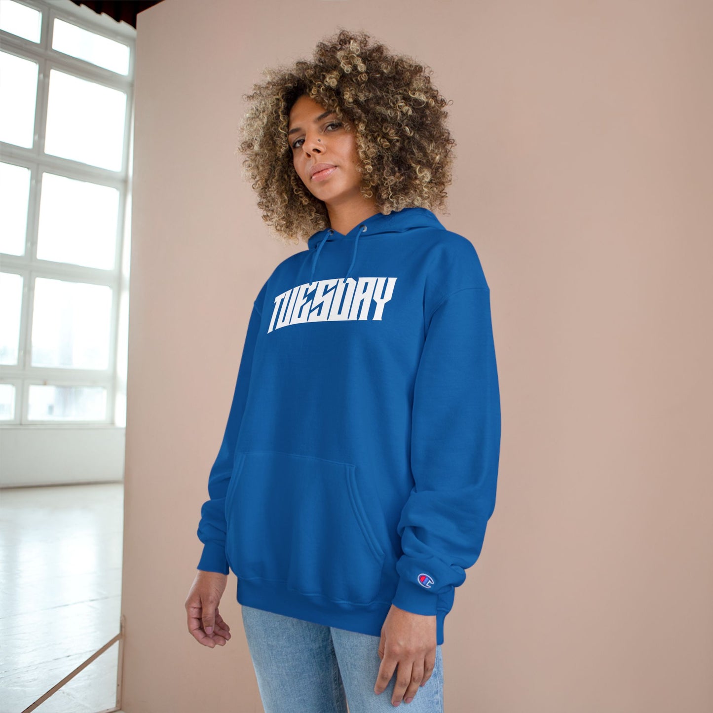 Tuesday Champion Hoodie, Graphic Sweatshirt, Cozy Pullover, Gift for Her, Everyday Wear, Trendy Streetwear