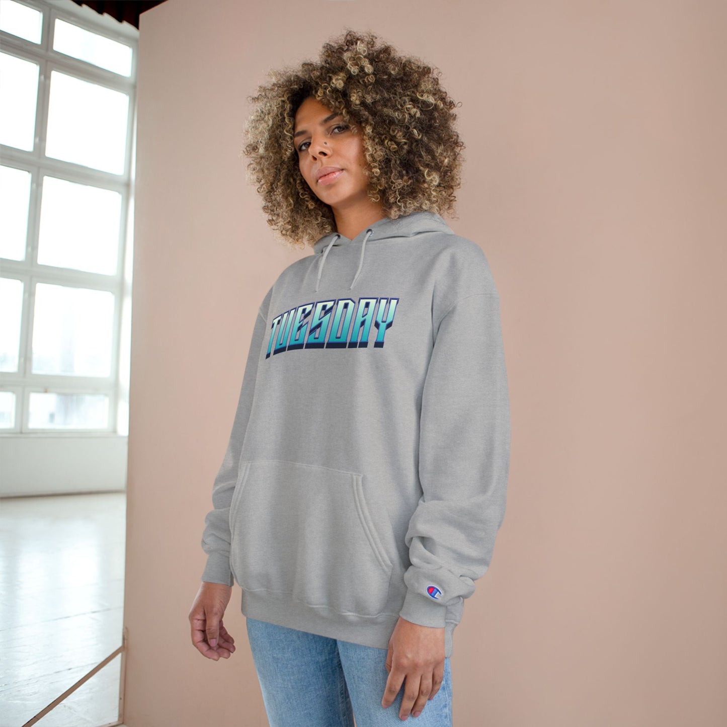 Stylish Champion Hoodie for Casual Vibes, Tuesday-Themed Sweatshirt, Everyday Wear, Perfect Gift for Friends, Cozy Graphic Hoodie