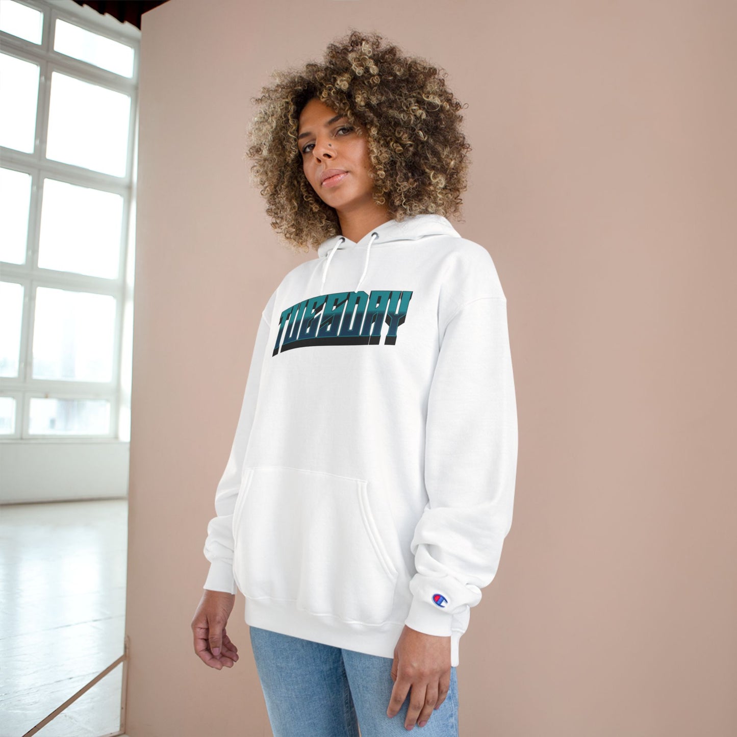 Champion Hoodie with Tuesday Graphic, Casualwear, Gift for Him/Her, Everyday Comfort, Fun Statement Piece