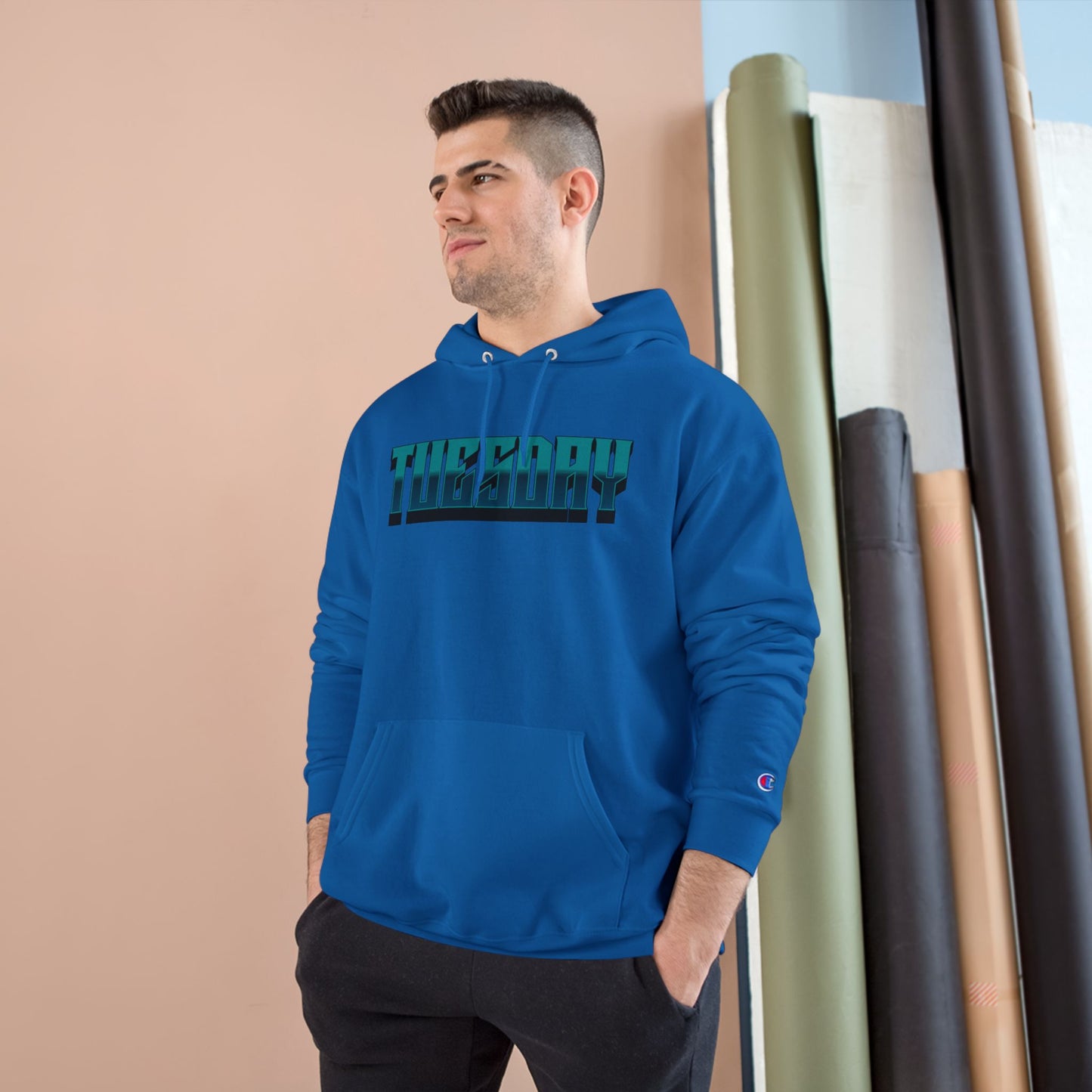 Champion Hoodie with Tuesday Graphic, Casualwear, Gift for Him/Her, Everyday Comfort, Fun Statement Piece