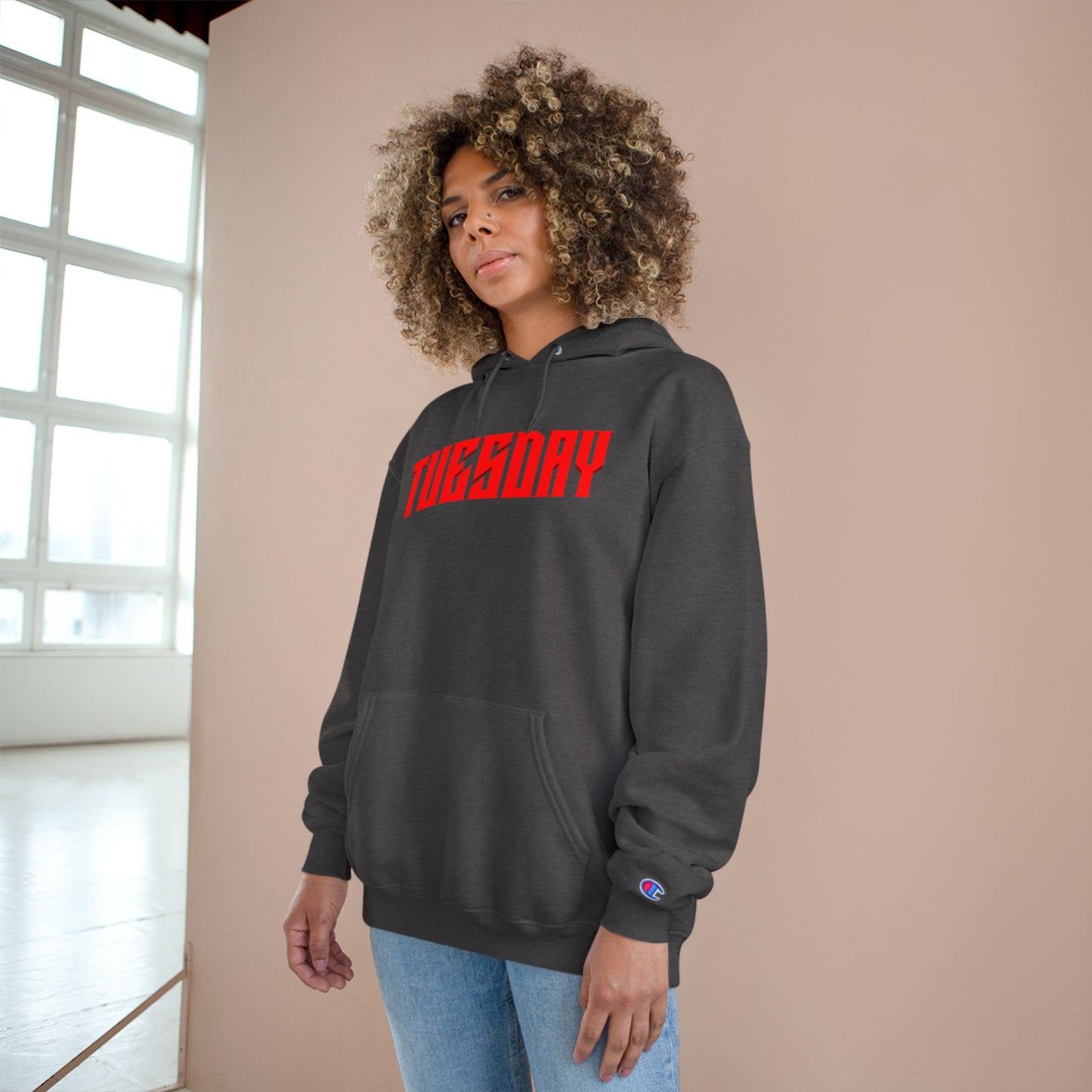 Halloween Tuesday editon Stylish Champion Hoodie with 'tuesday' Design, Casual Hoodie, Streetwear Fashion, Gift, Trendy Pullover