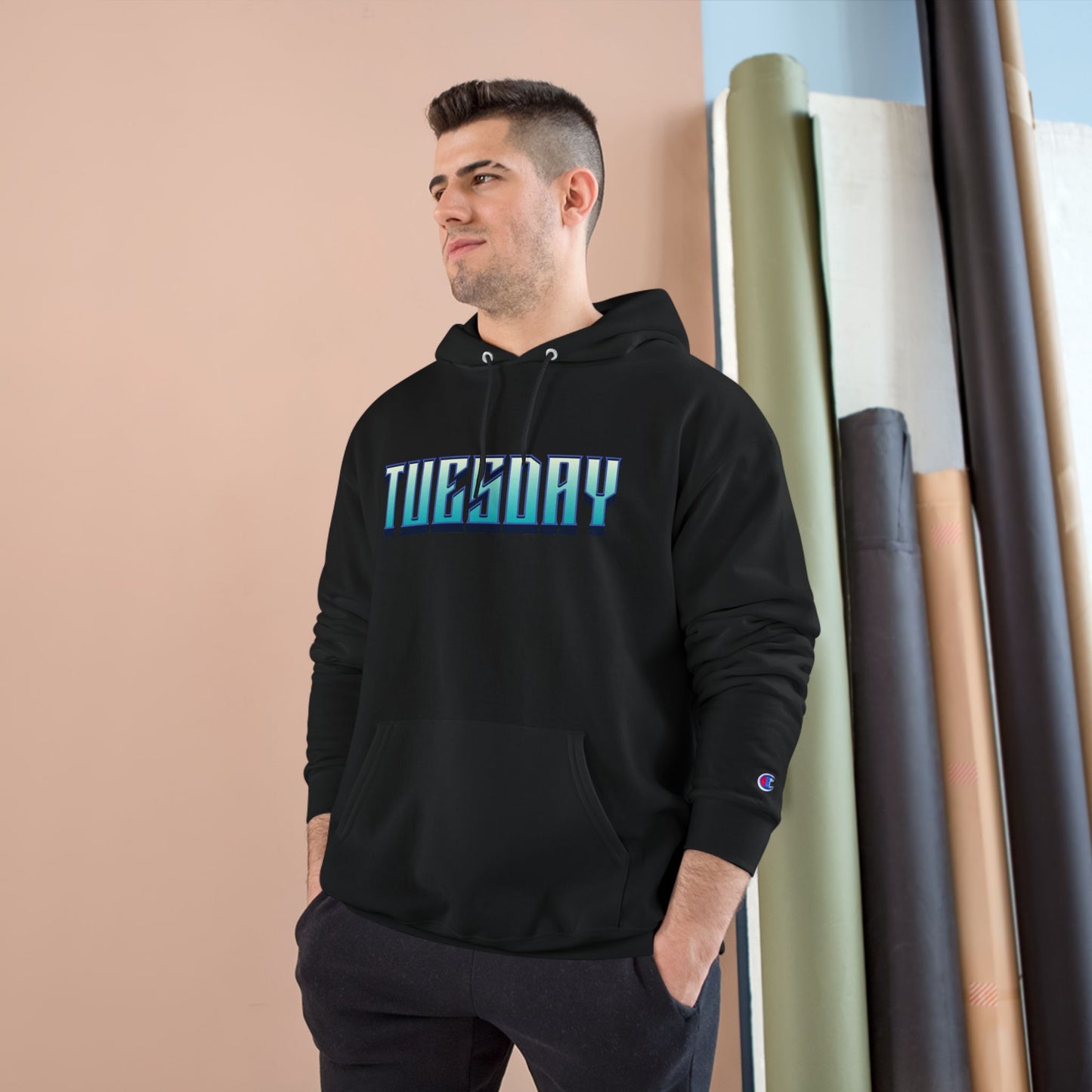 Stylish Champion Hoodie for Casual Vibes, Tuesday-Themed Sweatshirt, Everyday Wear, Perfect Gift for Friends, Cozy Graphic Hoodie