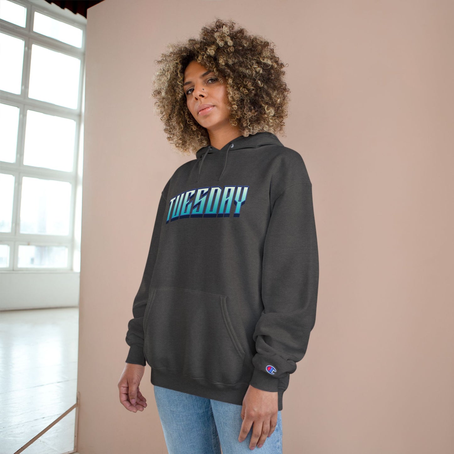 Stylish Champion Hoodie for Casual Vibes, Tuesday-Themed Sweatshirt, Everyday Wear, Perfect Gift for Friends, Cozy Graphic Hoodie