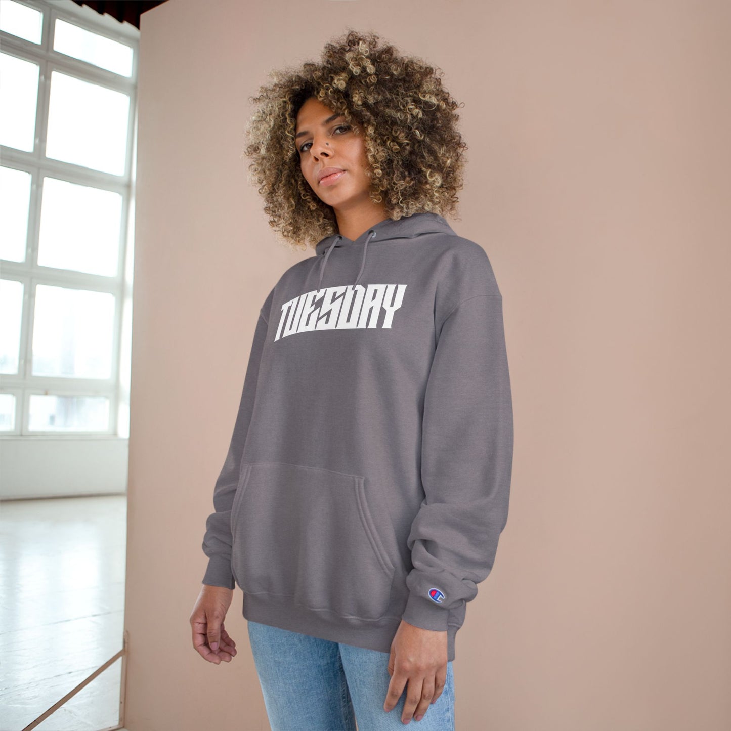Tuesday Champion Hoodie, Graphic Sweatshirt, Cozy Pullover, Gift for Her, Everyday Wear, Trendy Streetwear
