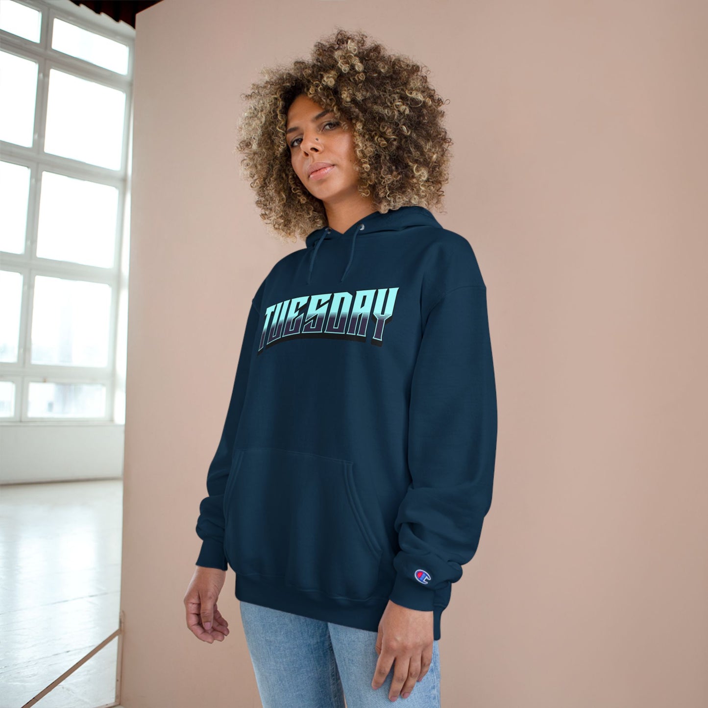 Stylish Champion Hoodie with 'Tuesday' Design, Perfect for Casual Wear, Gift for Animal Lovers, Cozy and Trendy
