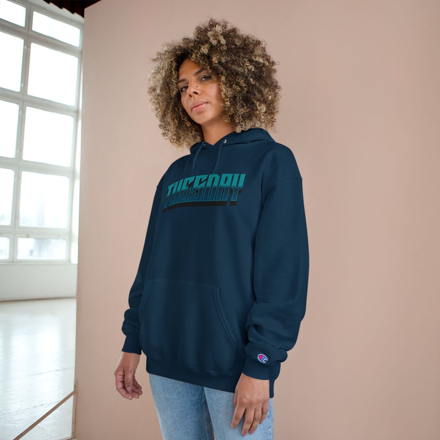 Champion Hoodie with Tuesday Graphic, Casualwear, Gift for Him/Her, Everyday Comfort, Fun Statement Piece
