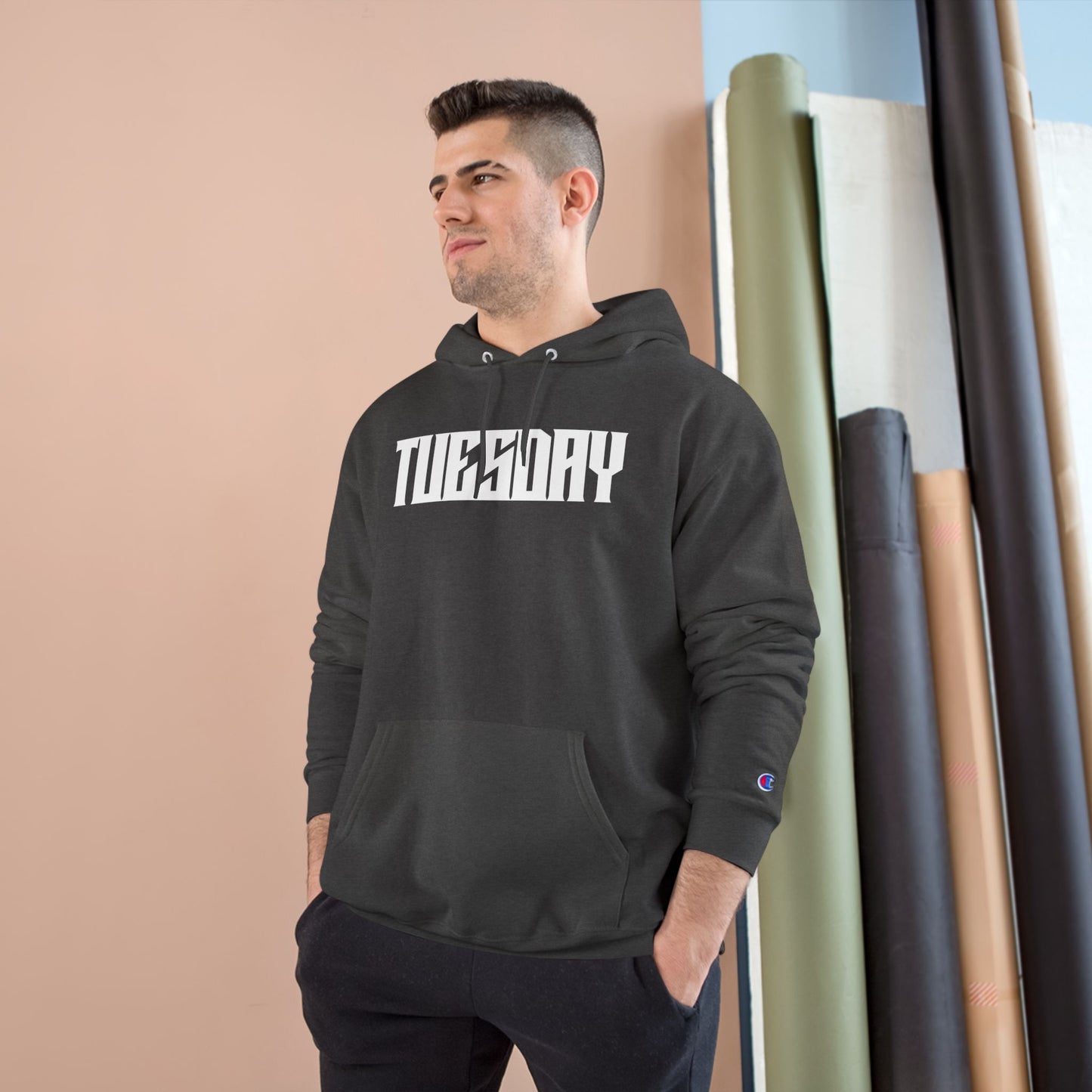 Tuesday Champion Hoodie, Graphic Sweatshirt, Cozy Pullover, Gift for Her, Everyday Wear, Trendy Streetwear