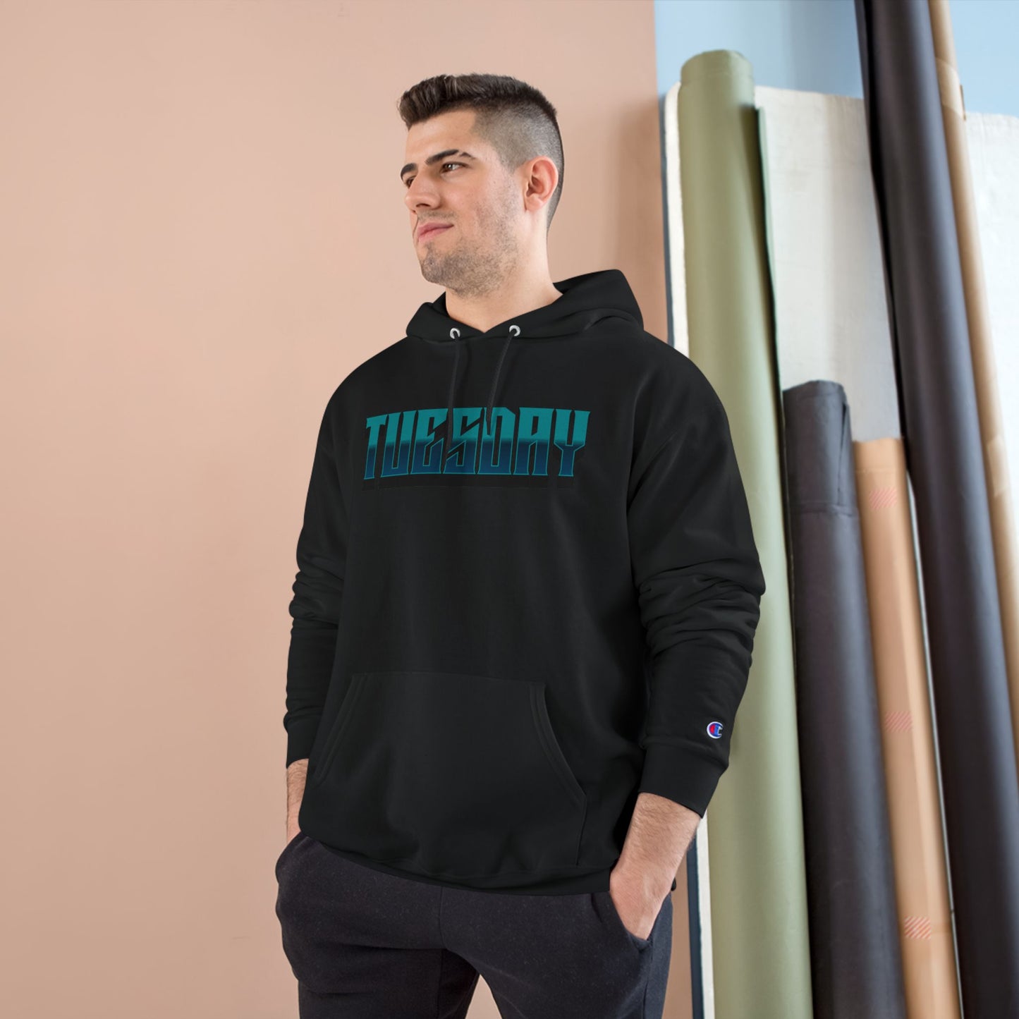 Champion Hoodie with Tuesday Graphic, Casualwear, Gift for Him/Her, Everyday Comfort, Fun Statement Piece
