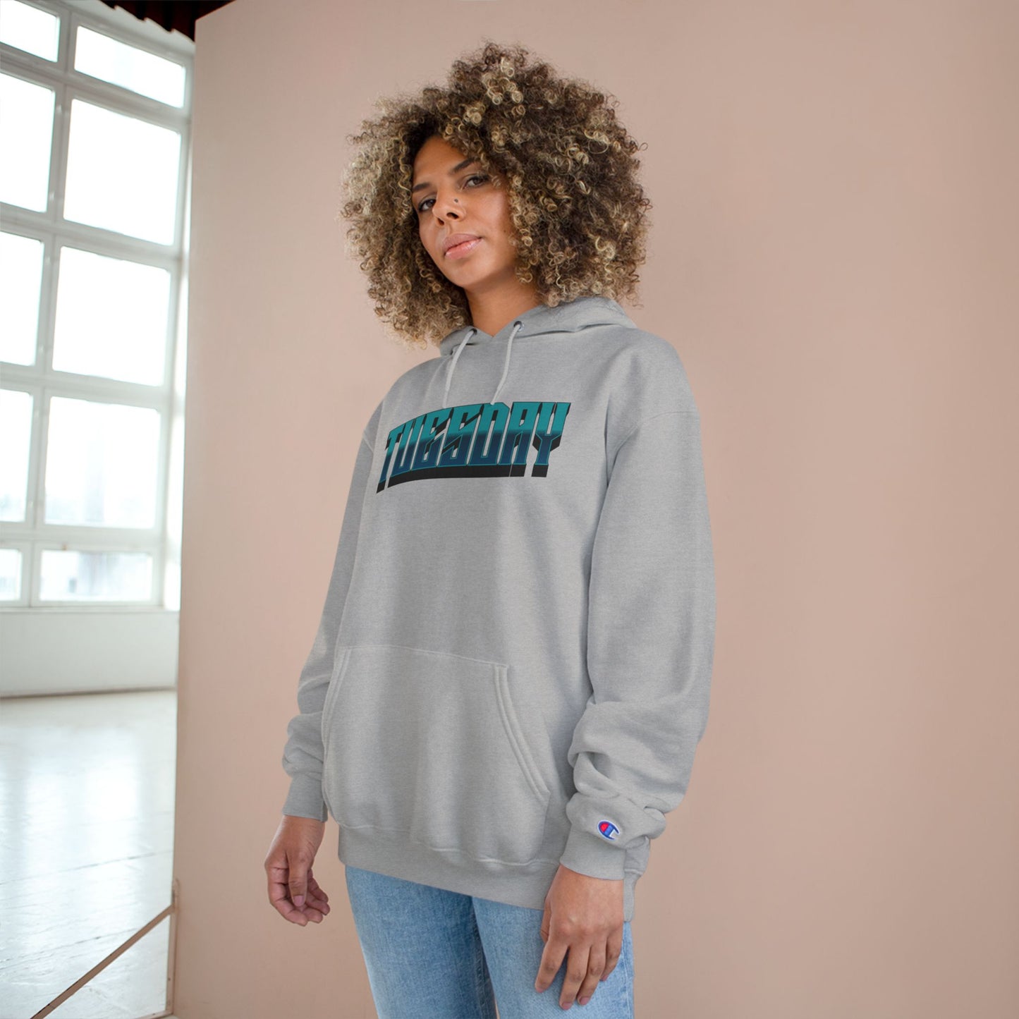 Champion Hoodie with Tuesday Graphic, Casualwear, Gift for Him/Her, Everyday Comfort, Fun Statement Piece