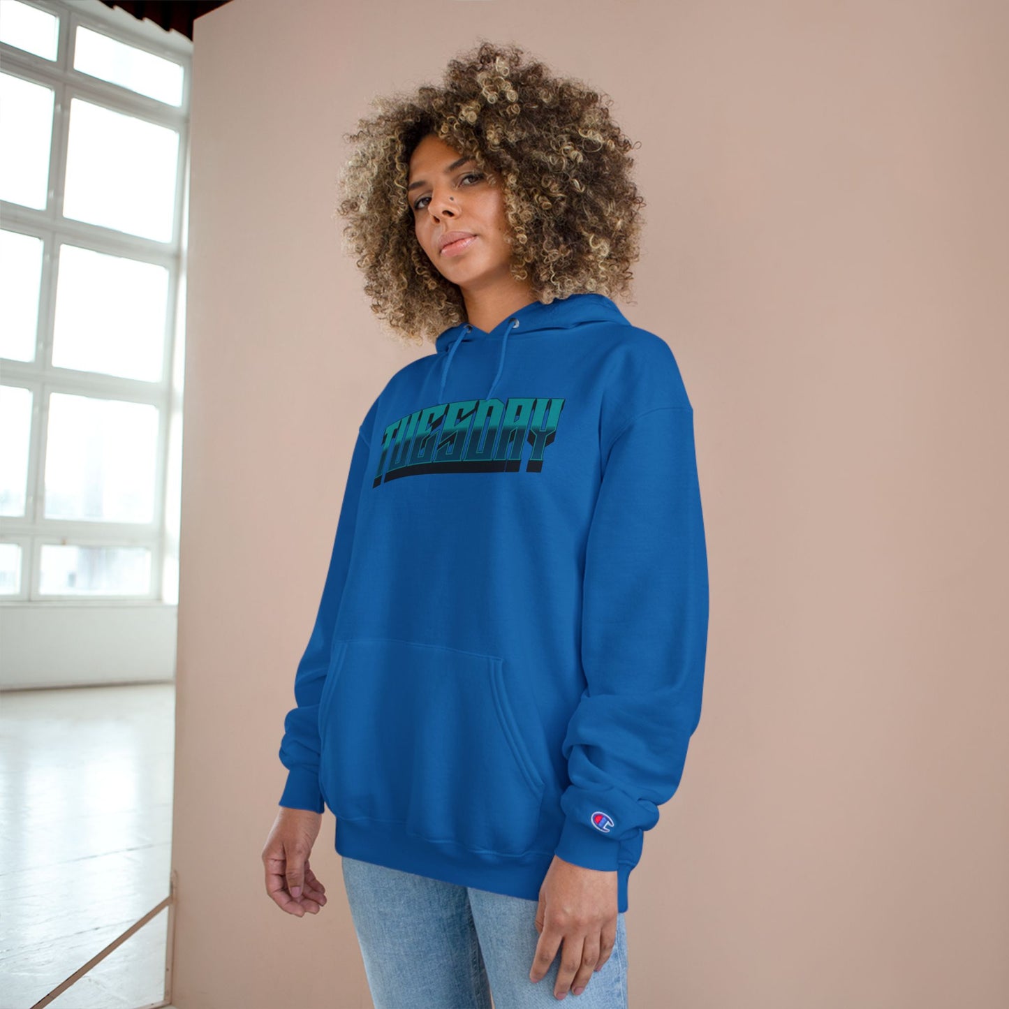 Champion Hoodie with Tuesday Graphic, Casualwear, Gift for Him/Her, Everyday Comfort, Fun Statement Piece