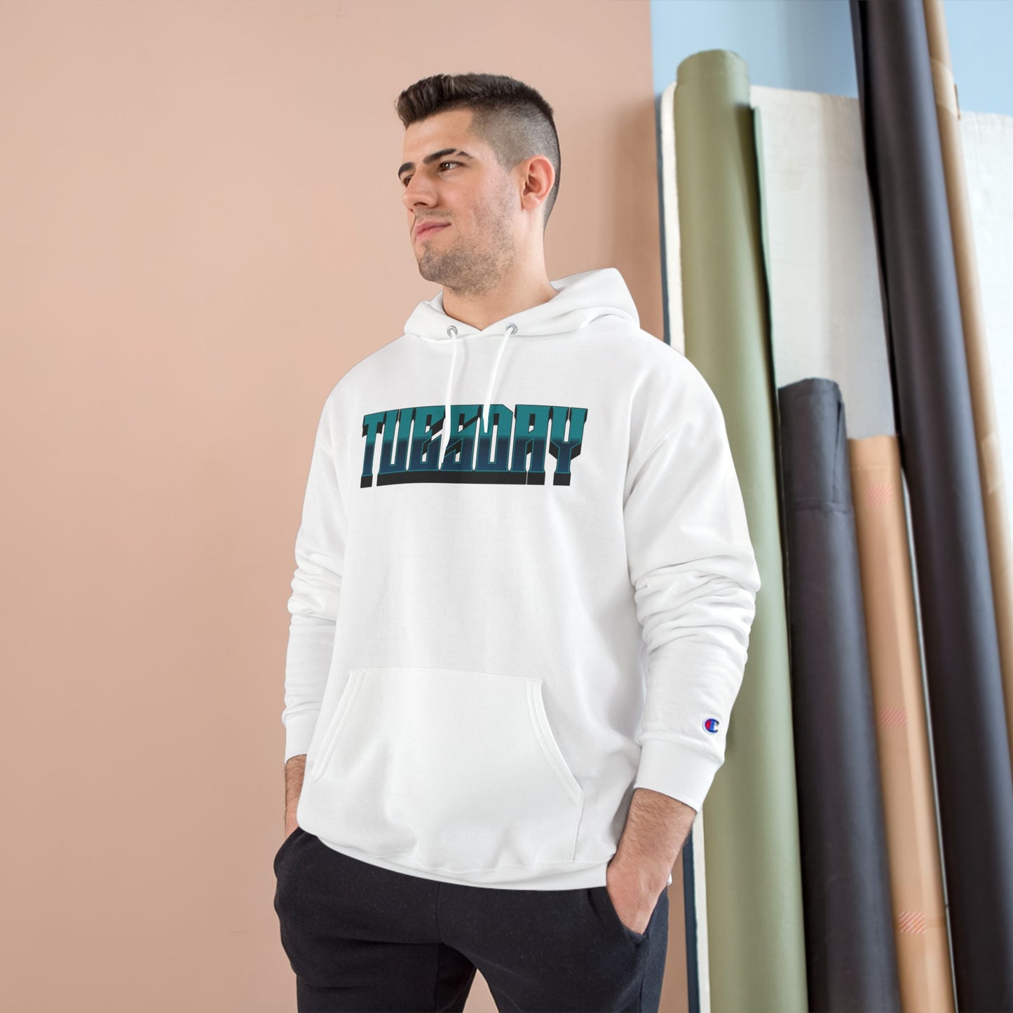 Champion Hoodie with Tuesday Graphic, Casualwear, Gift for Him/Her, Everyday Comfort, Fun Statement Piece