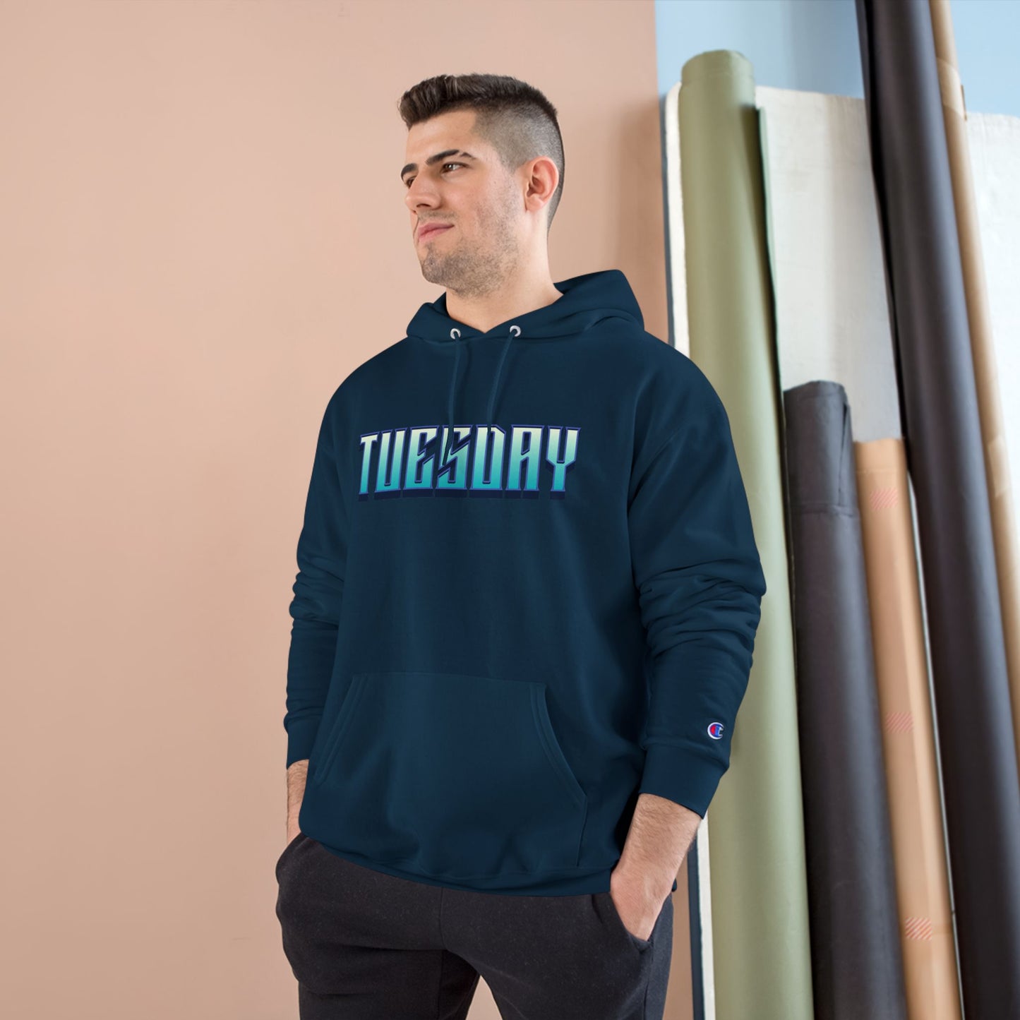 Stylish Champion Hoodie for Casual Vibes, Tuesday-Themed Sweatshirt, Everyday Wear, Perfect Gift for Friends, Cozy Graphic Hoodie