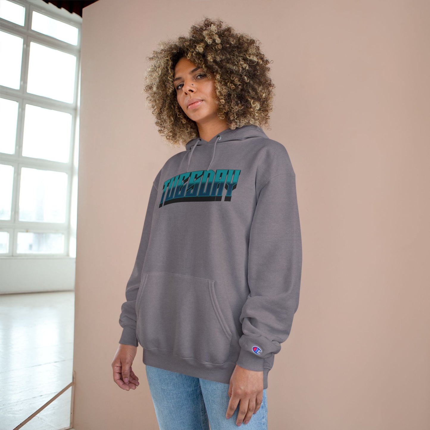 Champion Hoodie with Tuesday Graphic, Casualwear, Gift for Him/Her, Everyday Comfort, Fun Statement Piece