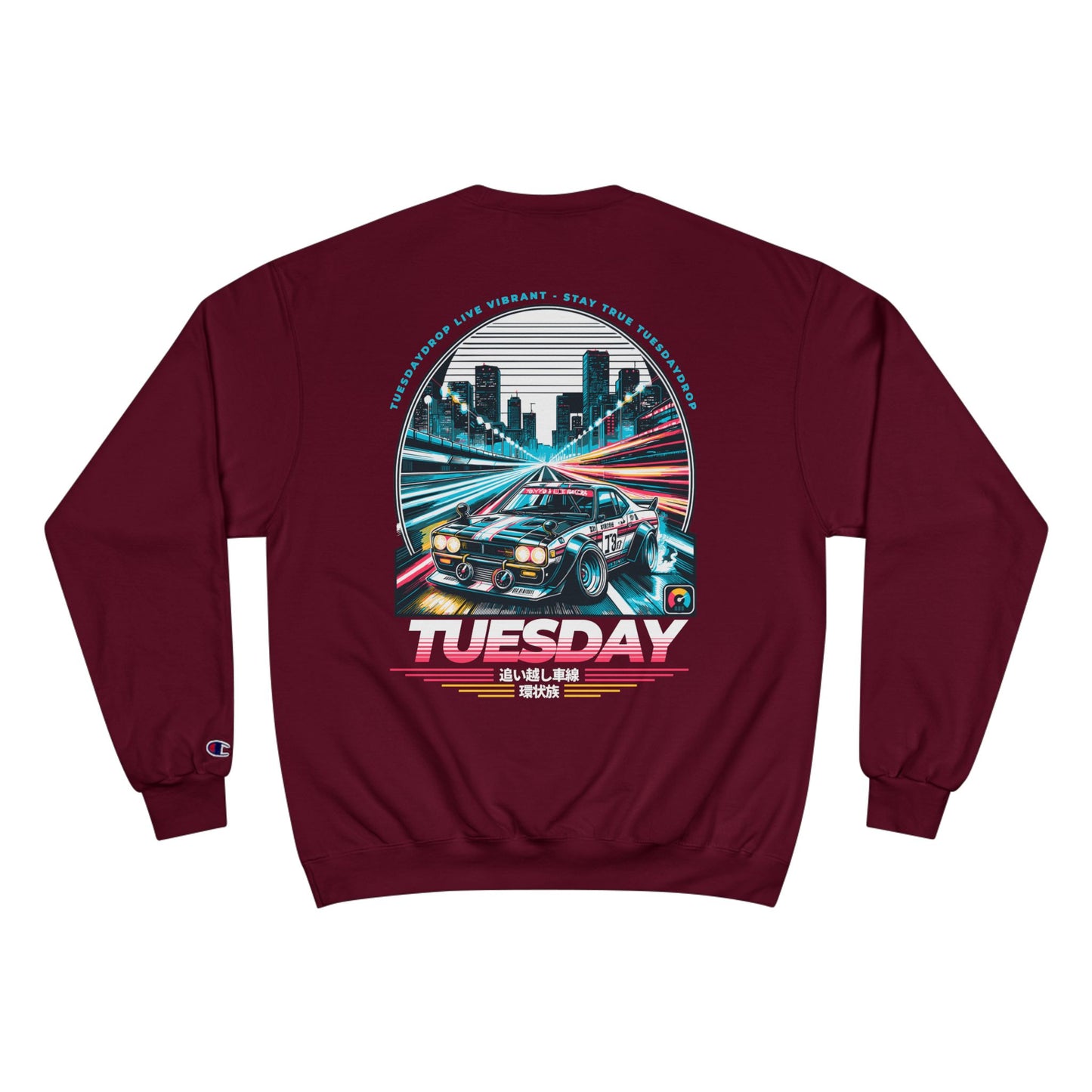 Retro Car Tuesday Champion Sweatshirt, Vintage Graphic Top, Cozy Unisex Apparel, Perfect Gift for Car Lovers, Unique Streetwear