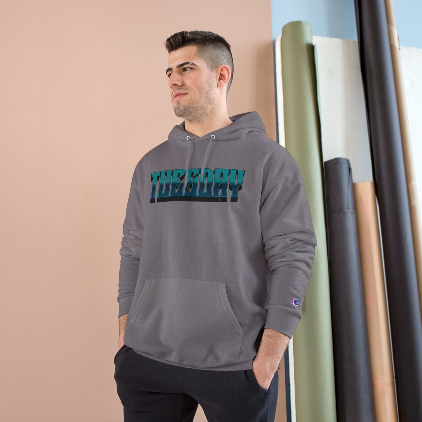 Champion Hoodie with Tuesday Graphic, Casualwear, Gift for Him/Her, Everyday Comfort, Fun Statement Piece