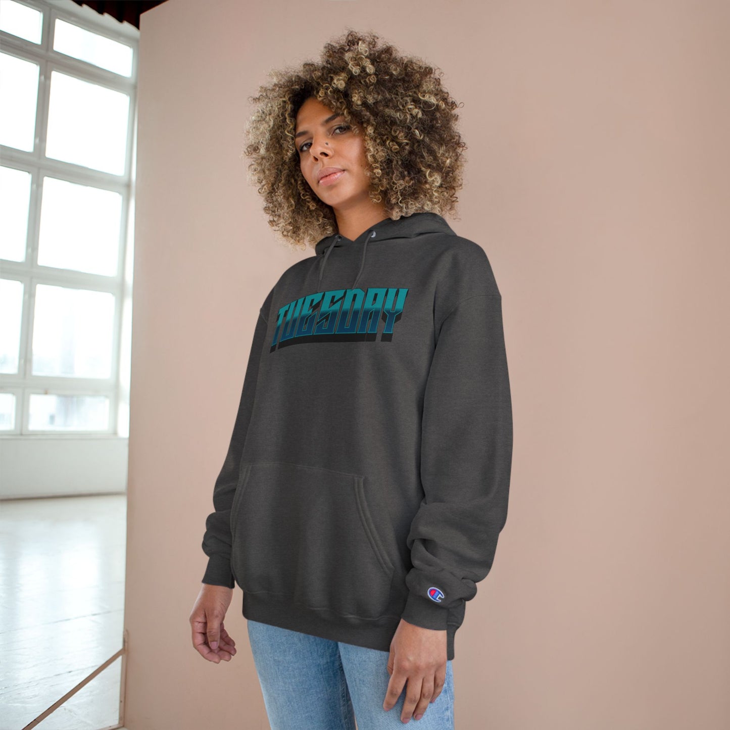 Champion Hoodie with Tuesday Graphic, Casualwear, Gift for Him/Her, Everyday Comfort, Fun Statement Piece