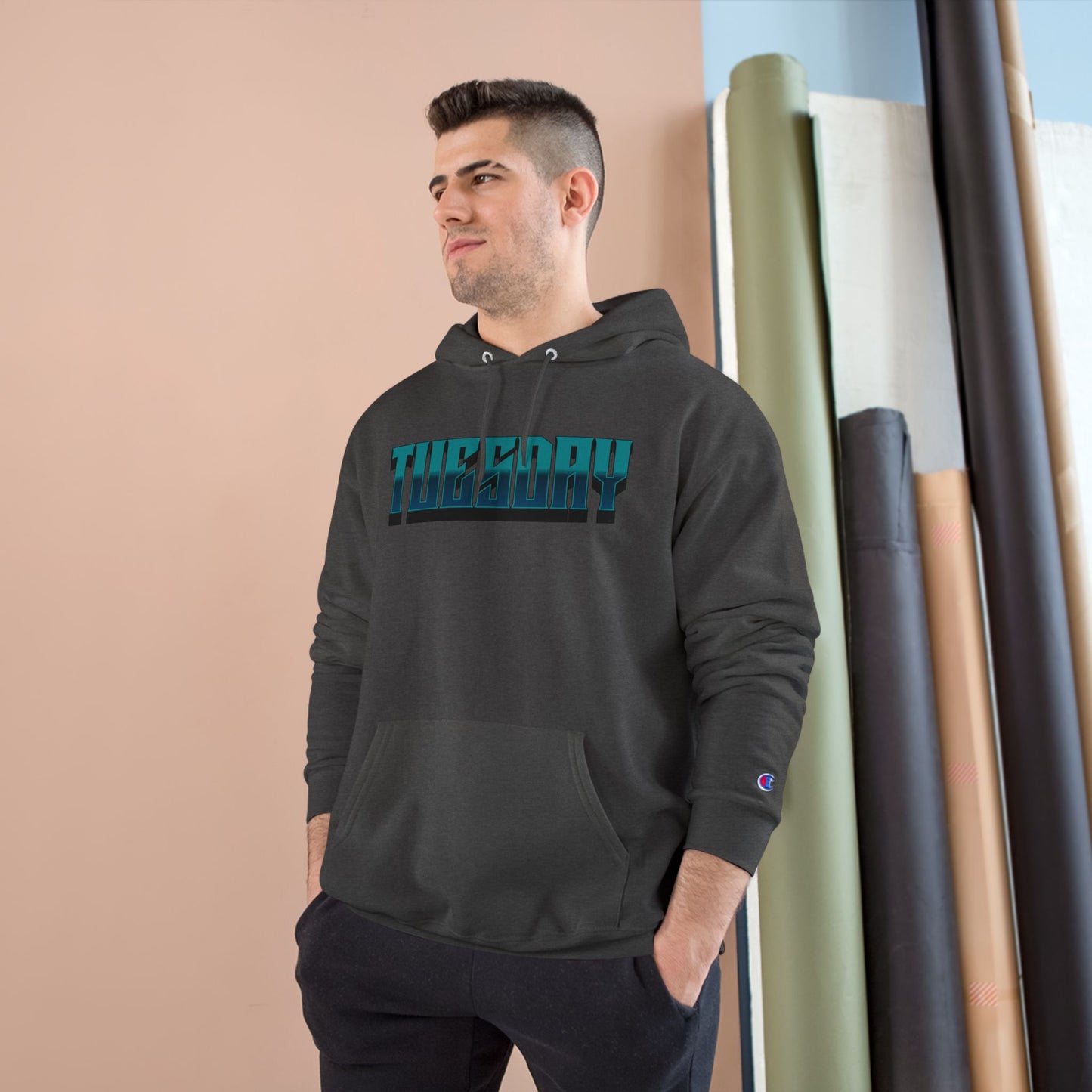 Champion Hoodie with Tuesday Graphic, Casualwear, Gift for Him/Her, Everyday Comfort, Fun Statement Piece