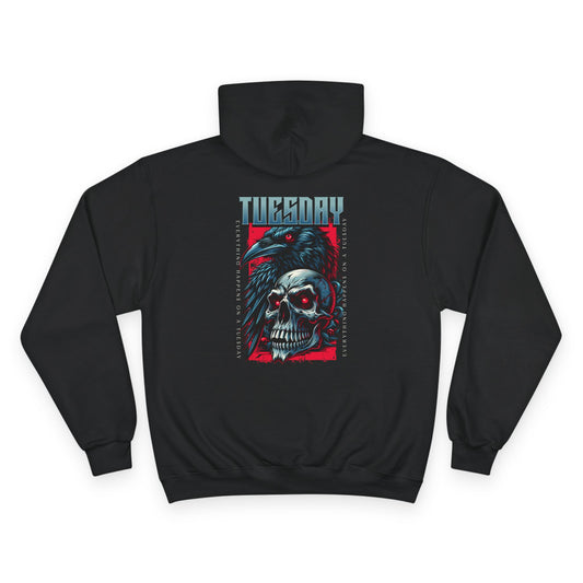 Edgy Tuesday Champion Hoodie - Casual Streetwear, Graphic Apparel, Halloween Gift, Cozy Layering, Unisex Fashion